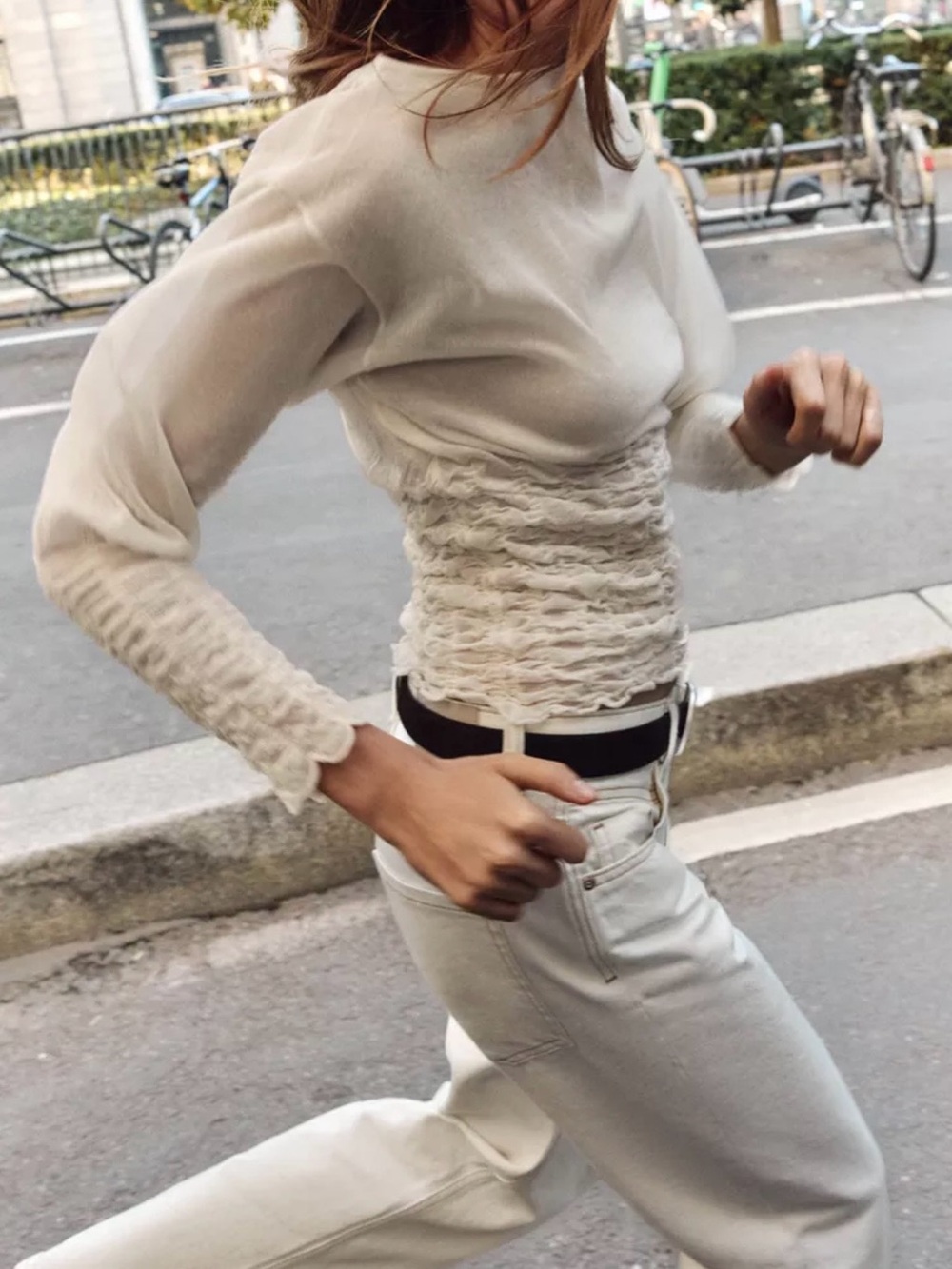 Zara Cream Long Sleeve Shirred Waist Top - Picture 4 of 9